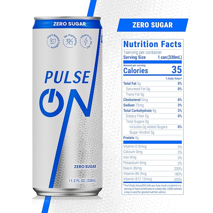 PulseOn Energy Drink- 200mg Natural Caffeine Taurine and Vitamin B|Zero Sugar Reduced Sugar 11.2 fl oz((Pack of 24)