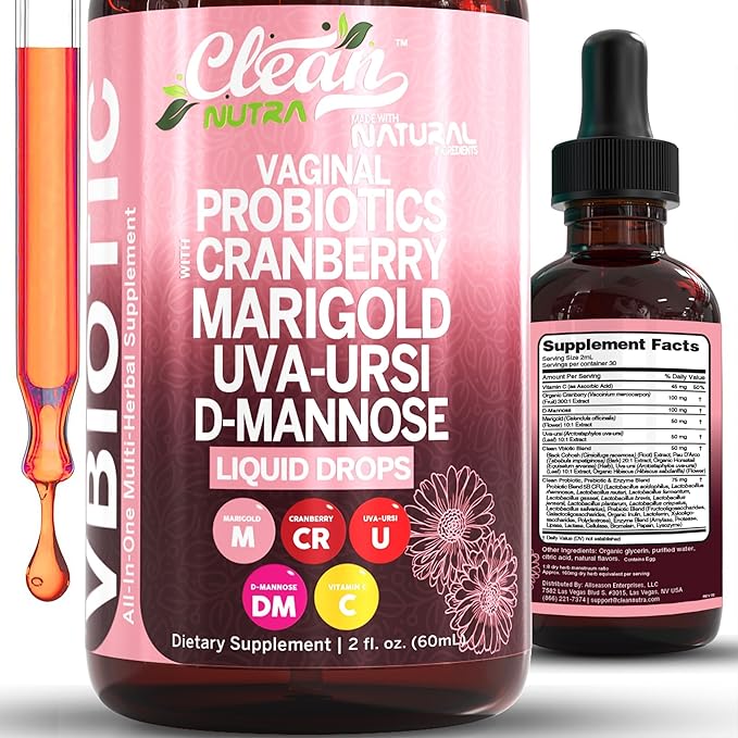 Clean Nutraceuticals VBiotic Vaginal Probiotic for Women Liquid Drops | Cranberry Uva Ursi Horsetail D-Mannose Prebiotics Marigold &amp Black Cohosh Vaginal Health Supplement | pH Balance