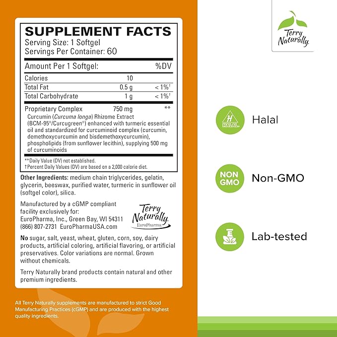 Terry Naturally CuraMed 750mg - Antioxidant Supplement for Brain &amp Heart Health Support - Dietary Supplement with High-Potency Curcumin Complex - Kidney Liver &amp Immune Health Support - 60 Sof