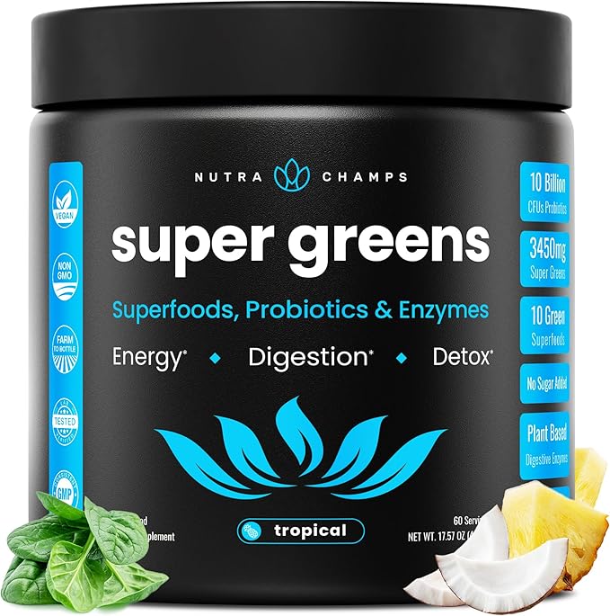 NutraChamps Super Greens Powder Premium Superfood | 20+ Organic Green Veggie Whole Foods | Wheat Grass Spirulina Chlorella | Antioxidant Digestive Enzyme &amp Probiotic Blends (9.1 OZ Tropical)