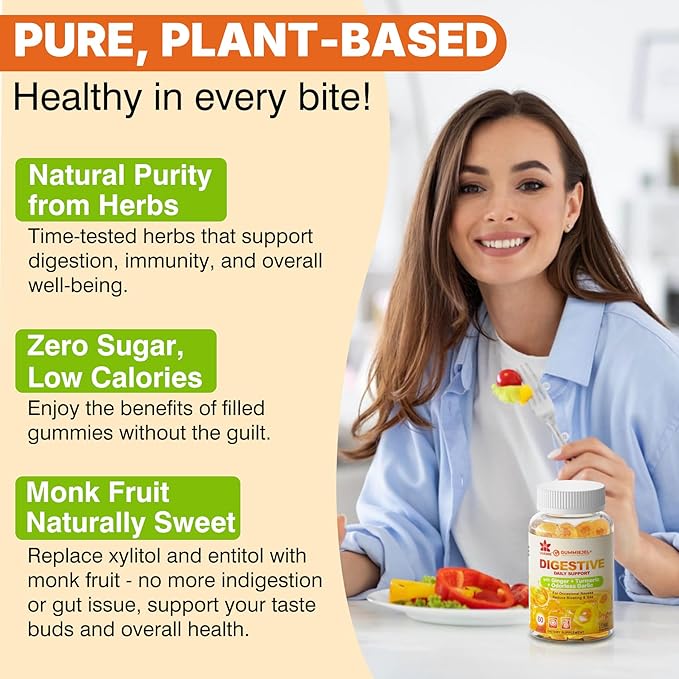 Ginger Chews Gummies for Nausea &amp Digestive Support Stomach Relief - Sugar Free with Turmeric &amp Odorless Garlic Quercetin Vitamin D3 C Delicious Digestive Supplements 60Cts (Pack of 1)