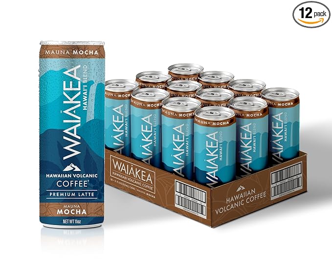 Waiakea Hawaiian Volcanic Coffee | Mauna Mocha Ready to Drink Canned Coffee 11oz | Pack of 12