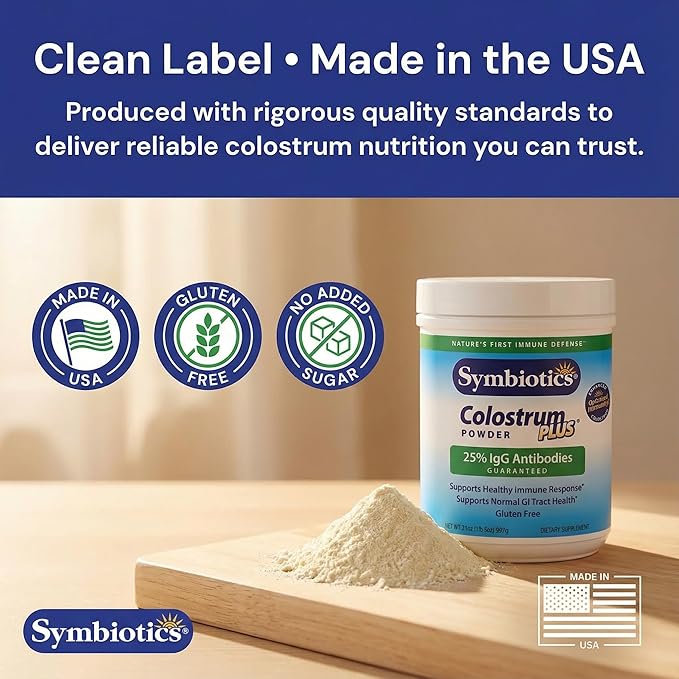 Symbiotics Colostrum Plus Powder 6.3 oz - Immune &amp Muscle Recovery Support 25% IgG Immunoglobulins Gut Health &amp Training Resilience Unflavored Gluten Free - 6.3 oz