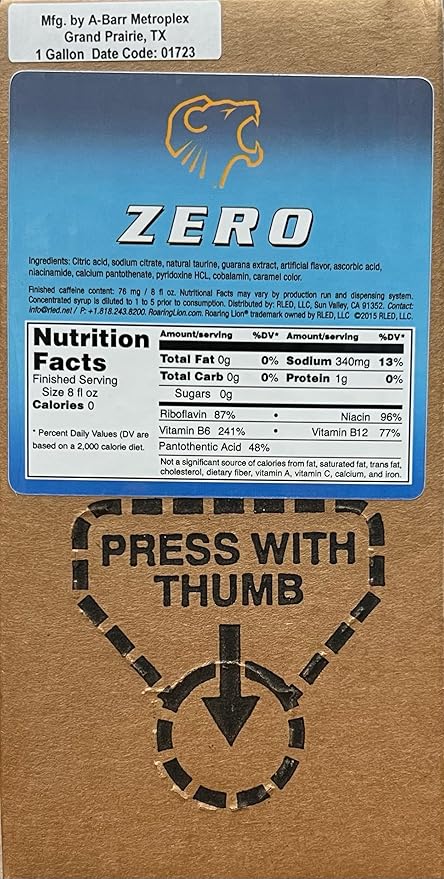 Roaring Lion Zero energy drink (1 Gallon Bag-in-Box Syrup Concentrate) - Sweetened with Stevia - Zero Calories Carbs Sugar - Box Pours 6 Gal of Energy Drink - Use with Bar Gun Fountain SodaStream