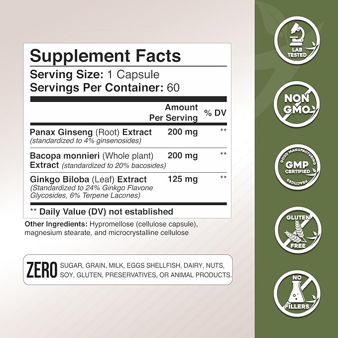 Gade Nutrition Ginkgo Biloba with Ginseng Supplement and Bacopa Monnieri | Brain Supplements for Memory and Focus with panax Ginseng &amp Ginko biloba Capsules - Memory Supplement for Brain