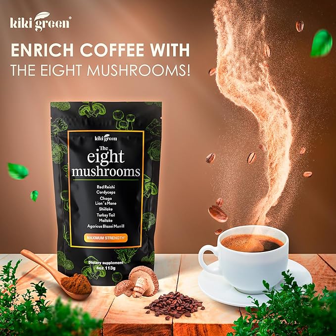 KIKI Green 8 Mushrooms Powder Extract - 4 oz Adaptogenic Complex for Coffee and Smoothies - Lion's Mane Chaga Reishi Cordyceps Maitake Shiitake - Focus and Energy