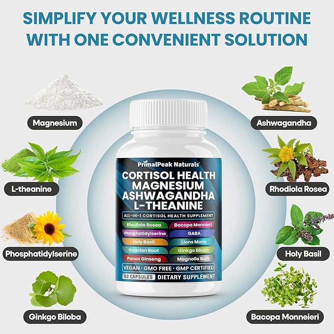 Cortisol Supplements for Women and Men with Magnesium Ashwagandha Rhodiola Rosea L-Theanine &amp Ceylon Cinnamon Apple Cider Vinegar Turmeric Curcumin Panax Ginseng Berberine Vegan Capsules