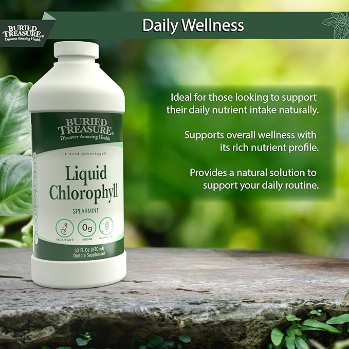 Buried Treasure Liquid Chlorophyll 100 mg Dietary Supplement Intestinal Digestive Support Natural Body Deodorant Vegan Non-GMO Alcohol Free Spearmint Flavor 32oz