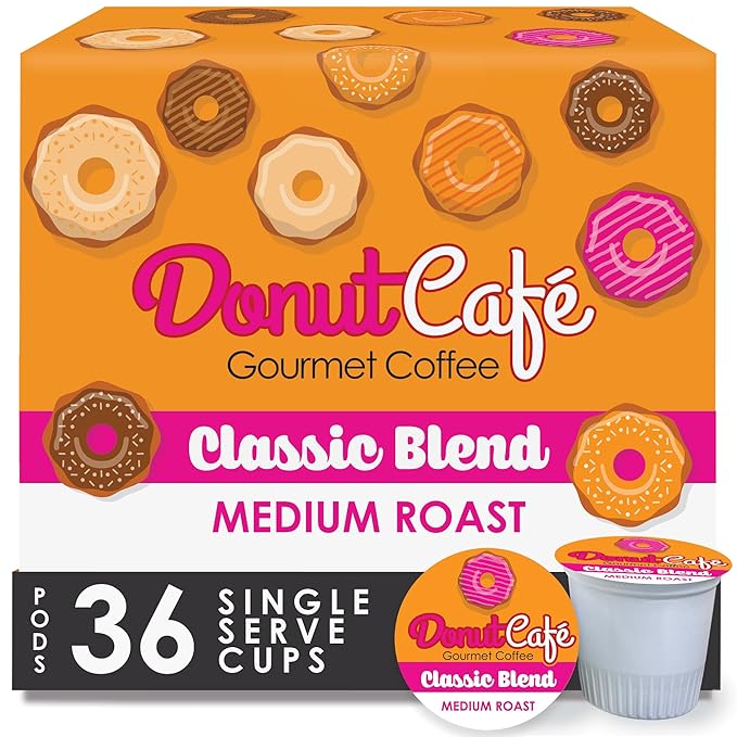 Donut Café - Coffee Gourmet Pods Classic Blend Medium Roast – Non-GMO Gluten Free – Compatible with Keurig K Cup Brewers – Smooth &amp Delicious – 36 Count