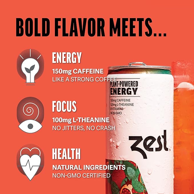 Zest Clean Energy Drink – Pomegranate Mint – 150mg Caffeine + 100mg L-Theanine – Natural Focus &amp Concentration Boost – Healthy Energy Drink 12oz Can 12 Pack – Low Sugar No Artificial Sweeteners