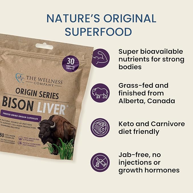 Bison Liver – Natural Beauty Hormone Balance Vitality - Grass-Fed &amp Finished Organ Capsules for Collagen &amp Skin Health | 90ct (1 Month Supply)