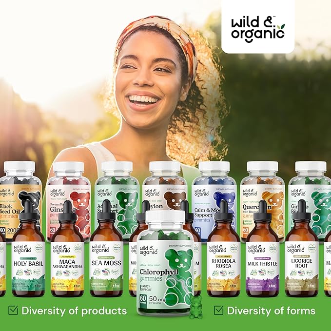 Wild &amp Organic Chlorophyll Gummies 50mg - Detox Cleanse Supplements w/Sodium Copper Chlorophyllin - Internal Deodorant w/Chlorophyll Powder - Vegan Non-GMO - 60 Herbal Chews