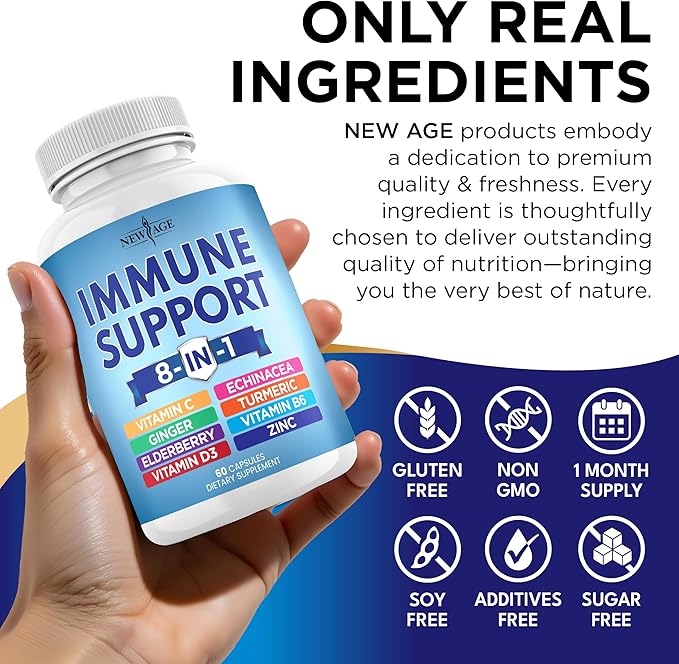 8 in 1 Immune Support Booster Supplement with Echinacea Vitamin C and Zinc 50mg Vitamin D 5000 IU Turmeric Curcumin &amp Ginger B6 Elderberry (8 in 1 Capsules (Pack of 3))