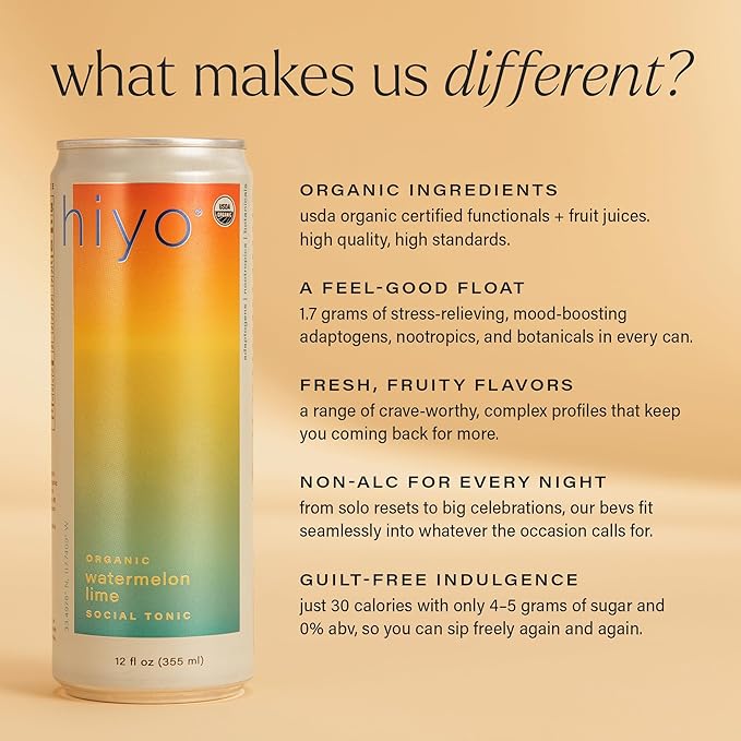 Hiyo Organic Social Tonic - Watermelon Lime 12 Pack - N.A. Functional Seltzer Sparkling Water Crafted with Organic Adaptogens Nootropics &amp Botanicals