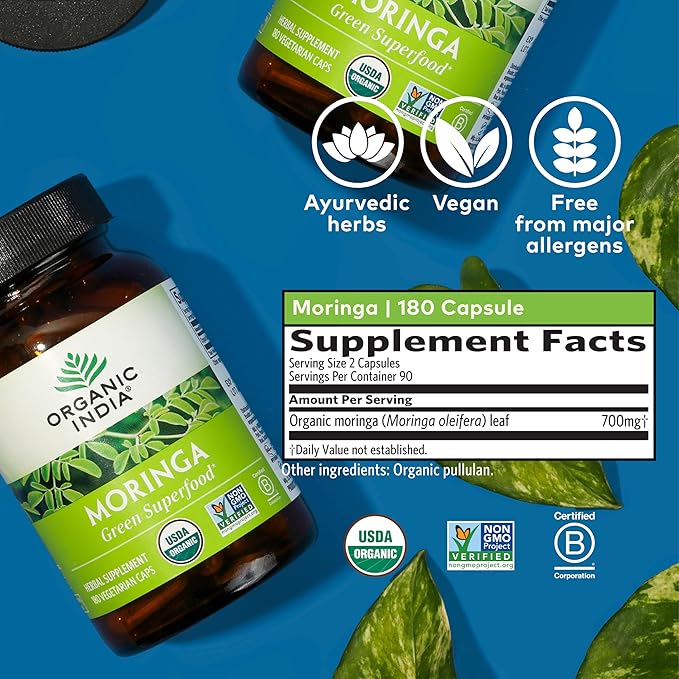 ORGANIC INDIA Moringa Capsules Organic - Moringa Supplement - Green Superfood Pure Supergreen Vegan Greens Nature's Multivitamin Vegan Gluten-Free - 180 Capsules