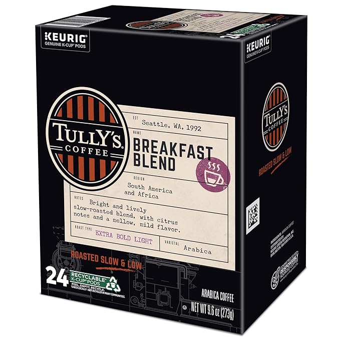 Tully's Coffee Breakfast Blend Keurig Single-Serve K-Cup Pods Light Roast Coffee 96 Count