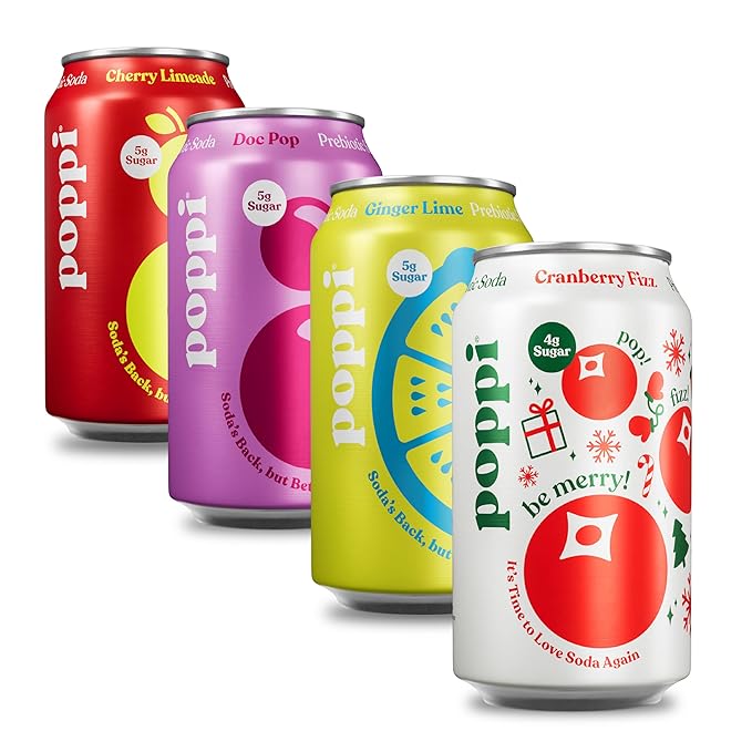 POPPI Sparkling Prebiotic Soda Beverages w/Apple Cider Vinegar Seltzer Water &amp Fruit Juice Holiday Variety Pack 12oz (12 Pack)