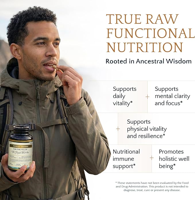 Forest Manna RAW Pine Pollen Capsules – Adaptogenic Functional Nutrition – Single Origin Pine Pollen – Vegan Gluten-Free &amp Non-GMO – 120 Capsules