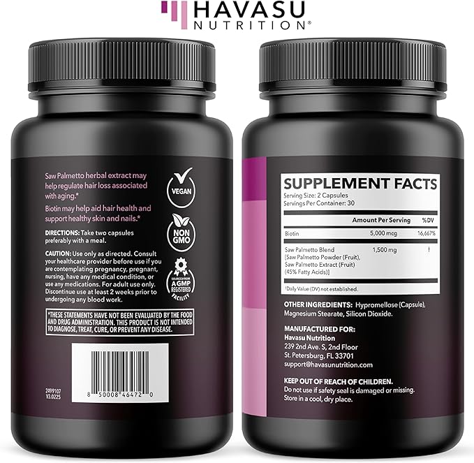Saw Palmetto for Women with Biotin 5000mcg - Powerful DHT Blocker to Support Hair Skin and Nail Health - 60 Count - Vegan Non-GMO Vitamin for Stronger Fuller Looking Locks - 1 Month Supply