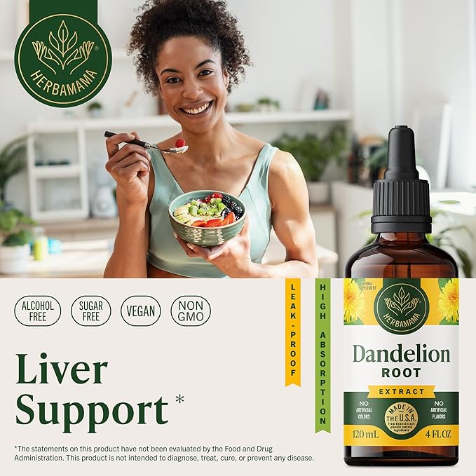 HERBAMAMA Dandelion Drops - Vegan Liver Cleanse with Dandelion Root Extract - Non-GMO Alcohol &amp Sugar-Free Liquid Liver Support Supplement - 56-Day Supply