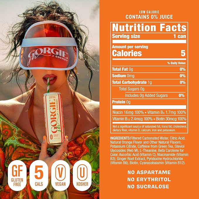 GORGIE Sugar Free Natural Energy Drinks Jaclyn Hill Orange Twist (12 Pack) Healthy Sparkling Energy Drinks Natural Coffee Replacement with Green Tea Caffeine and Biotin Vegan Low Calorie
