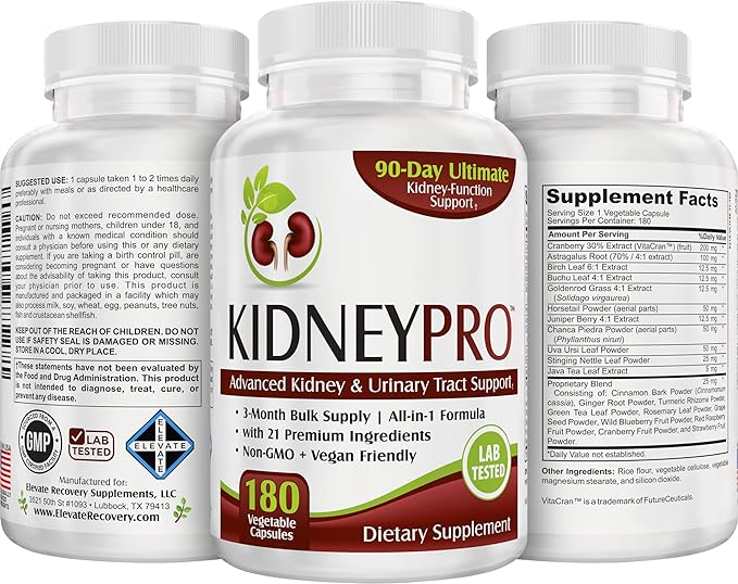 Kidney-Pro (3-Month) with 21 Kidney Support Supplements in 1 Formula | Men &amp Women | Health Supplement Complex | 90-Day Bulk Supply | 180 Capsules