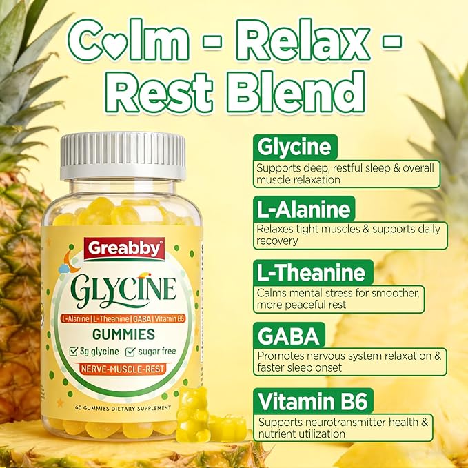 Glycine 3g Gummies with L-Alanine 1000mg L Theanine GABA Vitamin B6 Nerve Muscle Relaxation High Absorption Glycine Supplements for Adults Sugar Free Pineapple Flavor 60 Gummies