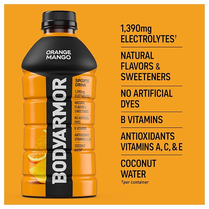 BODYARMOR Sports Drink Orange Mango Electrolyte Drink Hydration 28 Fl Oz Bottles (15 Pack) Flavored Coconut Water with B Vitamins &amp Antioxidants