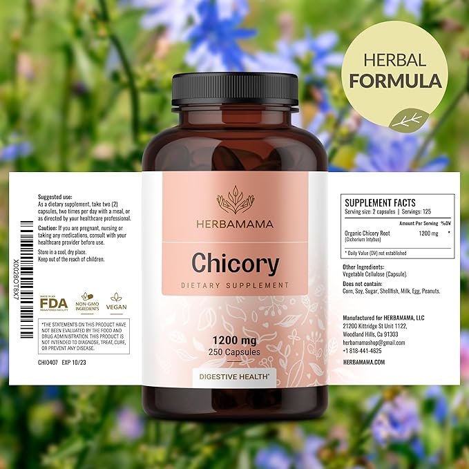 HERBAMAMA Chicory Root Fiber Capsules - 1200mg Chicory Root Powder for Gut Cleanse &amp Digestive Support - Vegan Non-GMO Inulin Prebiotic Fiber Supplement