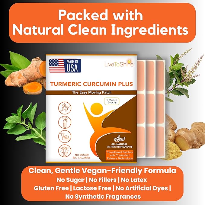 Live To Shine Turmeric Curcumin Topical Patches with Ginger Boswellia &amp Holy Basil – Easy Plant-Based Alternative to Pills – 30-Day Supply – Vegan Clean USA Made