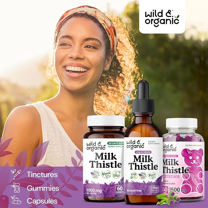 Wild &amp Organic Milk Thistle Extract Drops - Liver Cleanse Support - Milk Thistle Liver Detox Tincture - Liquid Silymarin Supplement - Silybum Marianum Seeds - Vegan Sugar &amp Alcohol-Free - 2 f
