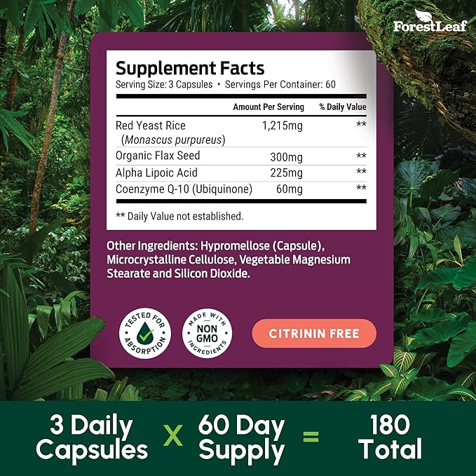 ForestLeaf Red Yeast Rice with CoQ10 Supplement - 1215mg Extra Strength Red Yeast Rice Capsules with Alpha Lipoic Acid &amp Organic Flaxseed Citrinin Free - 180 Capsules