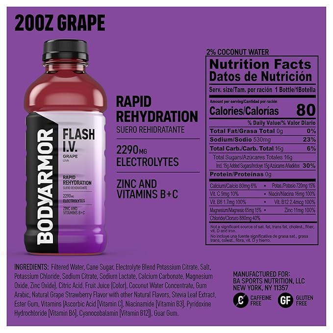 BODYARMOR Flash I.V. Electrolyte Beverage Grape Hydration Drink with Coconut Water For Rapid Rehydration Post Workout Recovery 20 Fl Oz (Pack of 12)