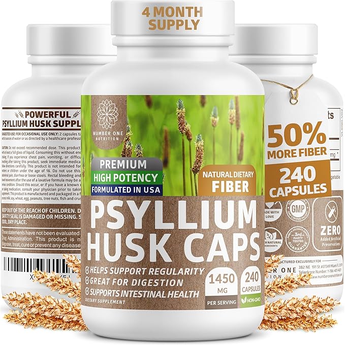 Number One Nutrition N1N Premium Psyllium Husk Capsules [All Natural1450 MG] Powerful Soluble Fiber Supplement to Support Regularity and Digestive Health 240 Caps