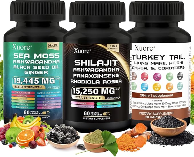 ShilajitSea Moss Black Seed OilMushroom &amp Herb Supplement with Lions Mane Turkey Tail Reishi Cordyceps Chaga Ashwagandha Ginger Rhodiola Rosea &amp Panax GinsengAll in One Supplement.