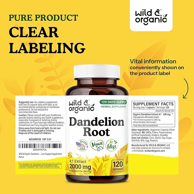 Wild &amp Organic Dandelion Root Capsules - Liver Detox &amp Cleanse Support - 2000 mg of Fresh Dandelion Root Powder per Capsule - 120 Vegan Capsules - 4 Month Supply - No Fillers Non-GMO