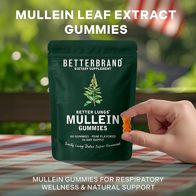 Betterbrand Mullein Chewable Gummies for Lung Cleanse and Detox Respiratory Health Supplement 1000mg Mullein Extract per Serving 180 Gummies - 90 Day Supply - Pear Flavored