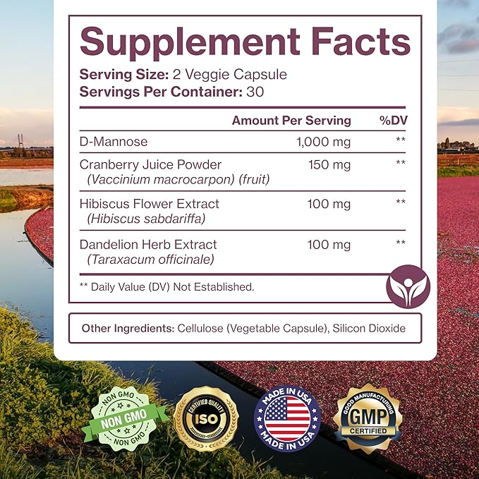 Pure D Mannose Capsules 1000mg Per Serve - Fast Acting UTI Support - Urinary Tract Cleanse &amp Bladder Health - Cranberry D-Mannose Dandelion Hibiscus Flower - 60 Veggie Caps