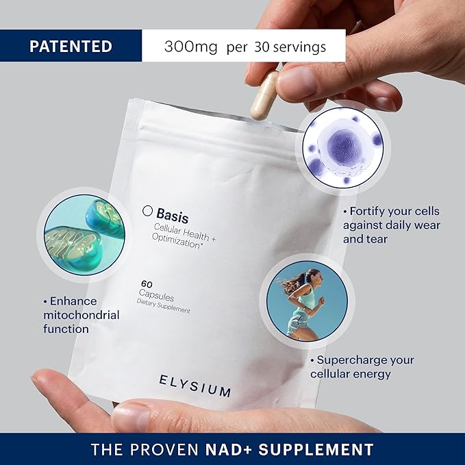 ELYSIUM Basis NAD Plus Supplement 30 Servings - with Nicotinamide Riboside 250mg and Pterostilbene 50mg - Healthy Aging Supplement &amp Cellular Energy
