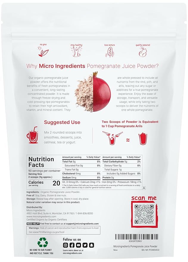 Organic Pomegranate Juice Powder 1 Pound | 100% Natural Fruit Powder | Freeze Dried &amp Cold Pressed | No Sugar &amp Additives | Great Flavor for Drinks Smoothie &amp Beverages | Non-GMO &amp