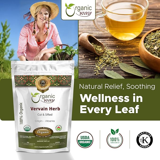 Organic Way Vervain Herb (Verbena officinalis) Cut and Sifted | Herbal Tea | Wild-Crafted | Non-GMO &amp Gluten Free | Resealable Bag | Raw from Albania (1 lb 16 Oz)