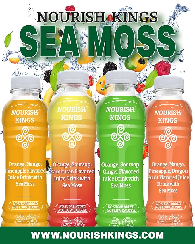 Nourish Kings- Sea Moss drink with Mango Pineapple and Orange Juice No Added Sugars or Preservatives 12 pack of 15.2 Fl oz Bottles