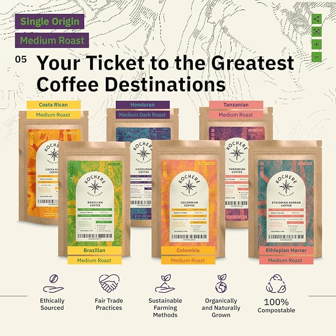 Kochere Single Origin Ground Coffee Beans - Organic Medium Roast Espresso 6 x 2oz Sampler Gift Set Freshly Roasted to Order Farm Direct - Ethiopia Costa Rica Brazil Honduras Tanzania &amp Colo