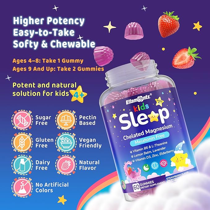 Kids Sleep Gummies NO Melatonin Sleep Aid Gummies w/ Magnesium Glycinate Magnesium Malate L-Theanine Lavender B6 Zinc D3K2 for Restful Sleep Relax Brain &amp Muscle Immune Support Non-GMO 2