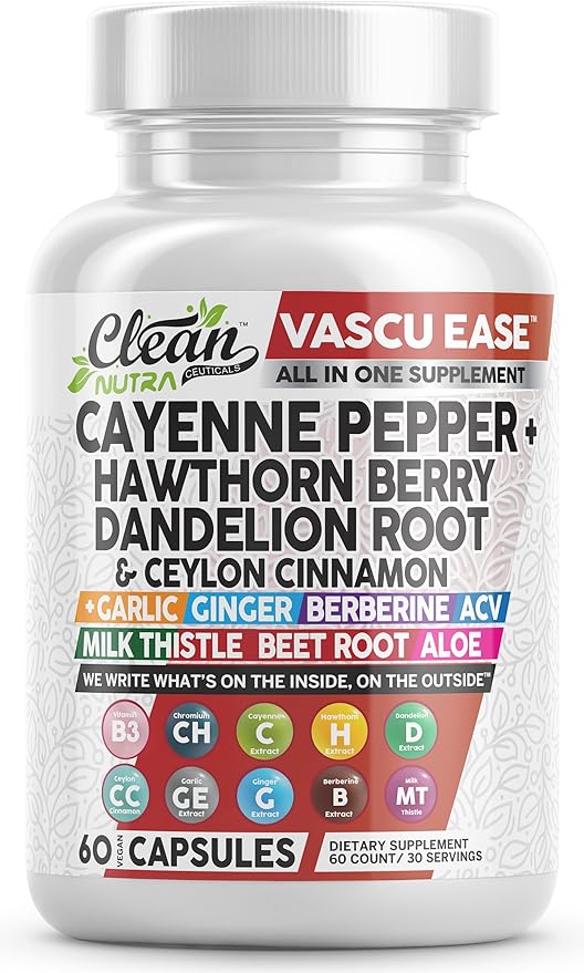 Clean Nutra Cayenne Pepper Capsules Supplement with Hawthorn Berry Dandelion Root Ceylon Cinnamon Garlic Ginger Berberine Apple Cider Vinegar Milk Thistle Beet Root Aloe Vera Pills &amp More