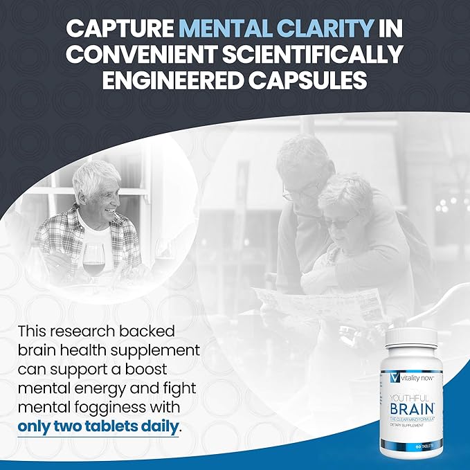 Youthful Brain 2 Bottle Bundle - Memory &amp Brain Health Support Supplement - Brain Booster Clarity with Bacopa Monnieri Ginkgo Biloba B12-60-Day Supply (120 Count)