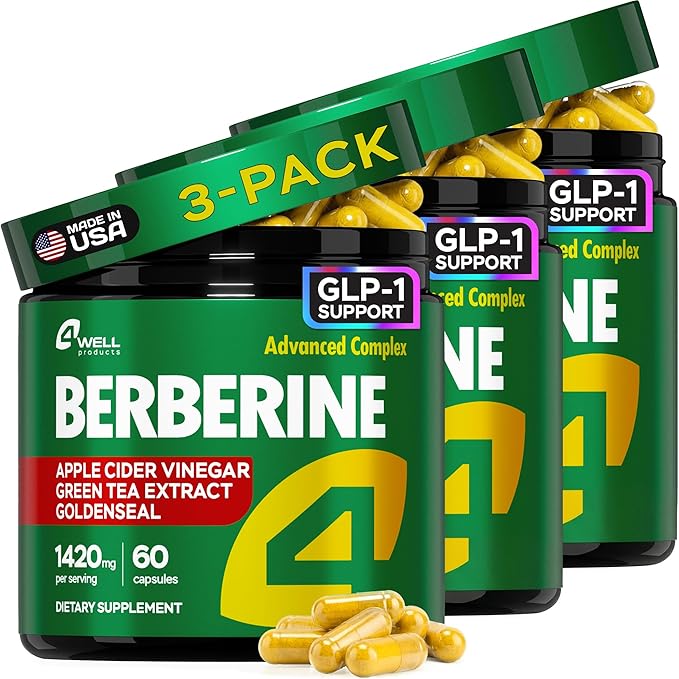3-Pack Berberine Supplement - Triple Strength GLP-1 Activator w/Goldenseal Apple Cider Vinegar Green Tea Extract - Goldenseal Supplements Digestive Health Support Heart Immune System 180 Caps