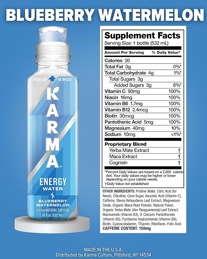 Karma Energy Drink – 12 Pack Blueberry Watermelon Caffeinated Water with Cognizin® Nootropics Vitamins &amp Immune Support Low Calorie