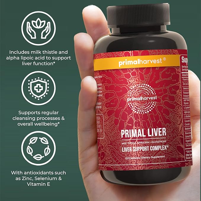 Primal Harvest Primal Liver Liver Supplement with Alpha-Lipoic Acid L-Cysteine HCL L-Glutathione Milk Thistle and Spirulina for Men and Women 120 Capsules