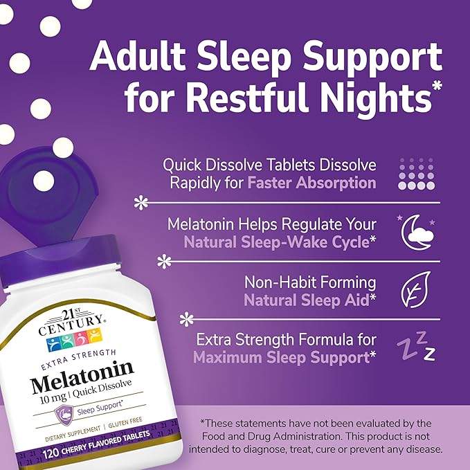 21st Century Melatonin 10mg Extra Strength (360 Count) Quick Dissolving Sleep Aid for Adults Promotes Relaxation and Restful Sleep Non-Habit Forming Gluten-Free Cherry Flavor